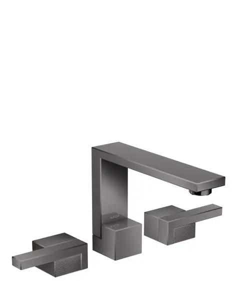 Drei teilige Waschtischarmatur in schwarzem Chromfinish von AXOR. Enthält einen Wasserhahn mit einer klaren Linie und zwei getrennte Bedienelemente.
